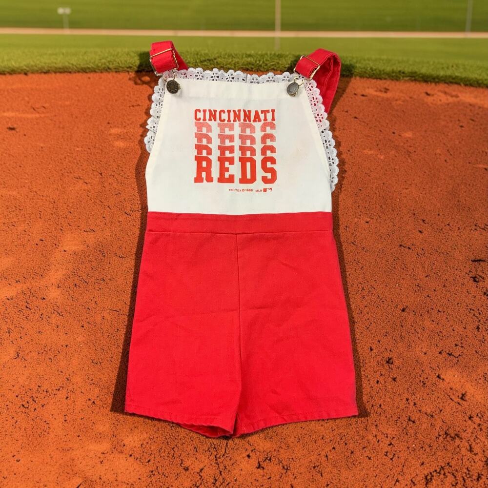 Vintage 1988 Cincinnati Reds Kids 4 Shortalls Romper Overalls MLB Made USA Sport